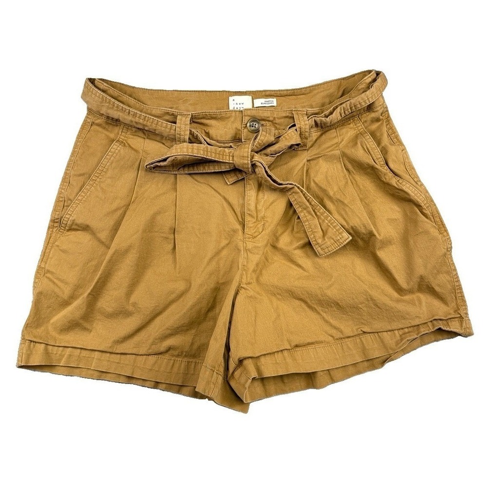 A New Day Mustard Brown Khaki High Rise Pleat Front Tie Waist Shorts 10 Preppy